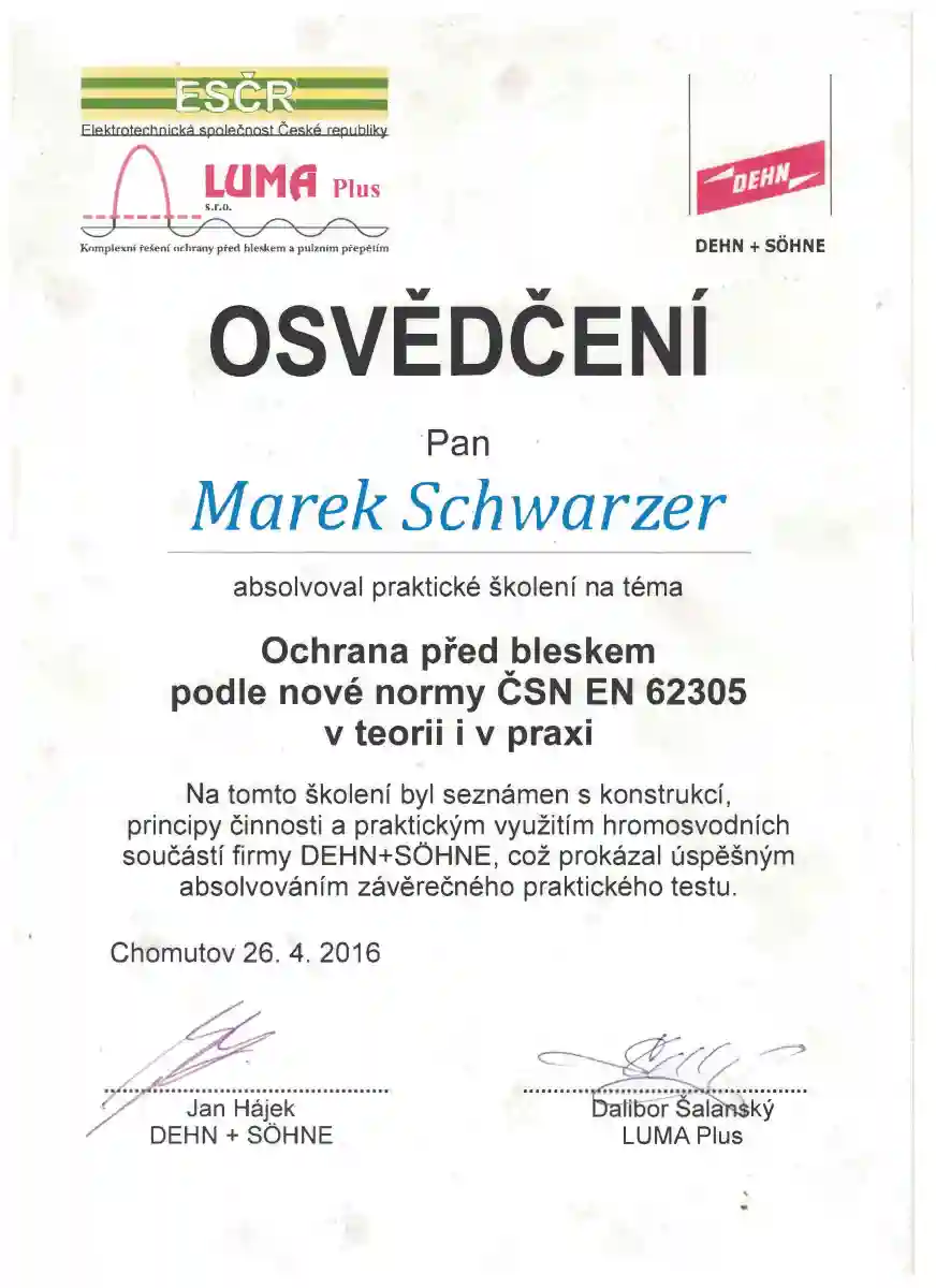 Osvědčení o školení ochrany před bleskem a hromosvody.