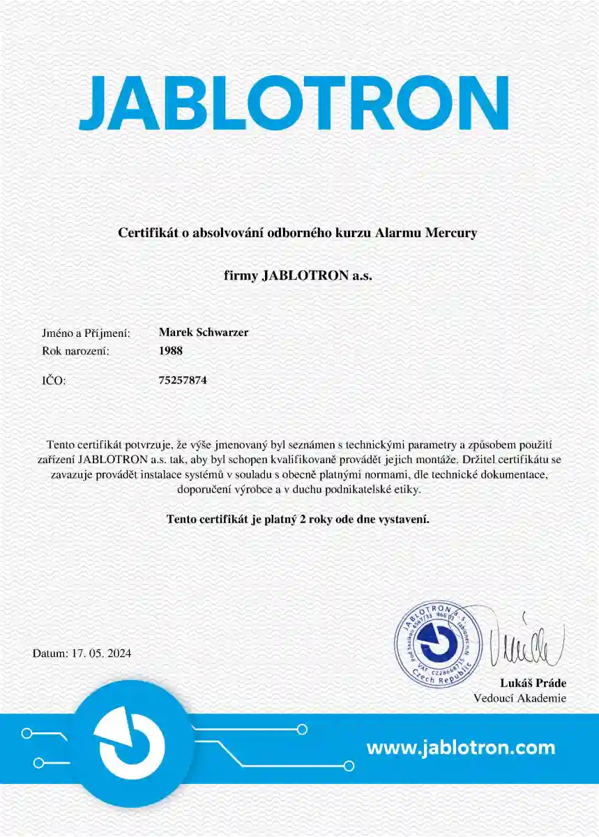 Certifikát pro montáž zabezpečovacích systémů Jablotron Mercury.