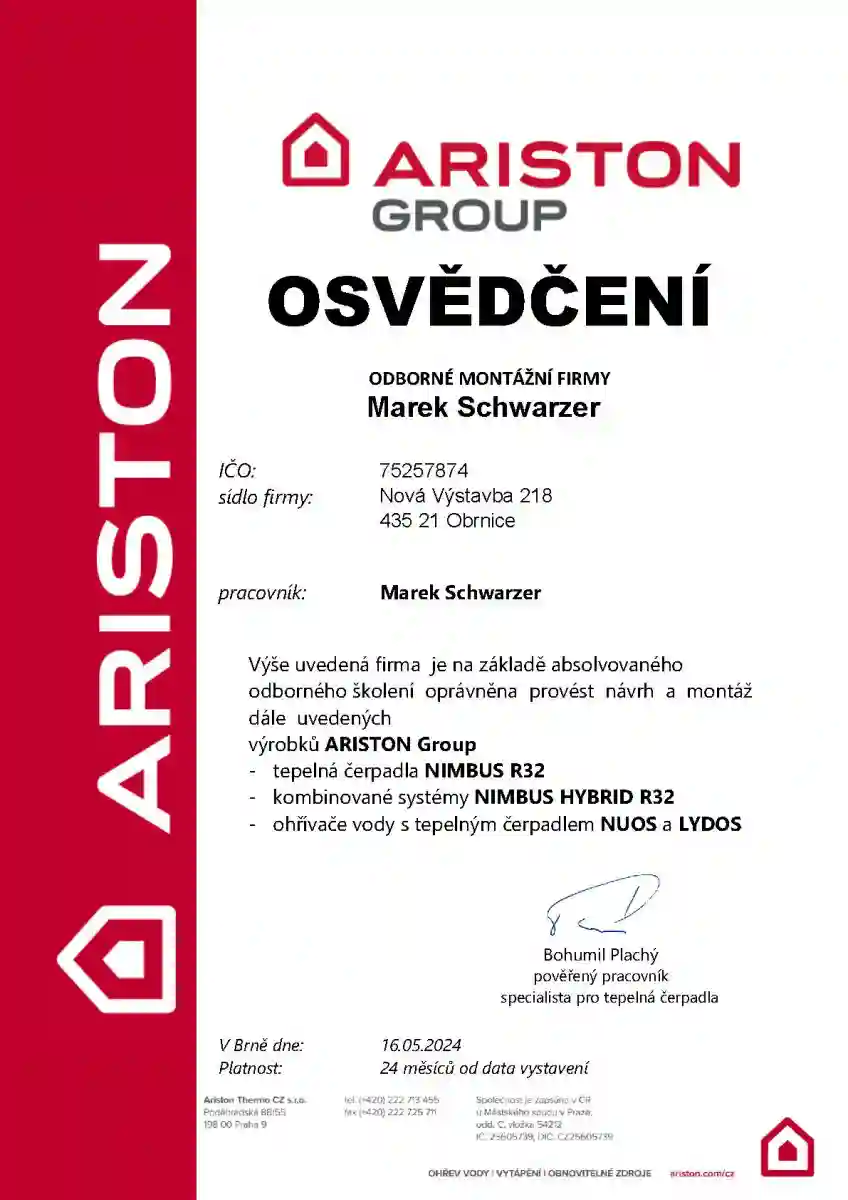 Certifikát pro návrh a montáž tepelných čerpadel Ariston.