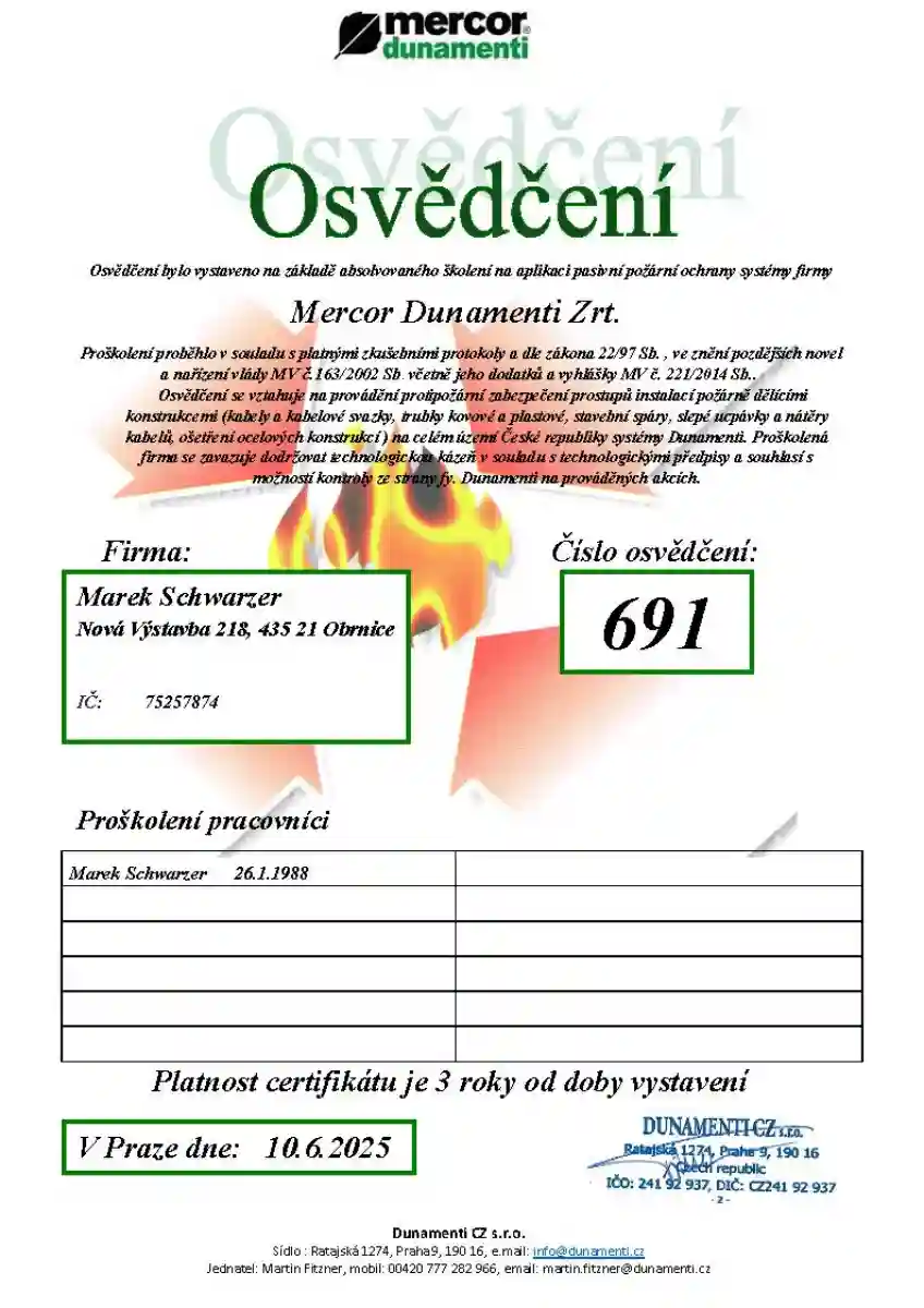 Osvědčení Mercor Dunamenti pro instalaci prvků pasivní požární ochrany a protipožárních ucpávek.