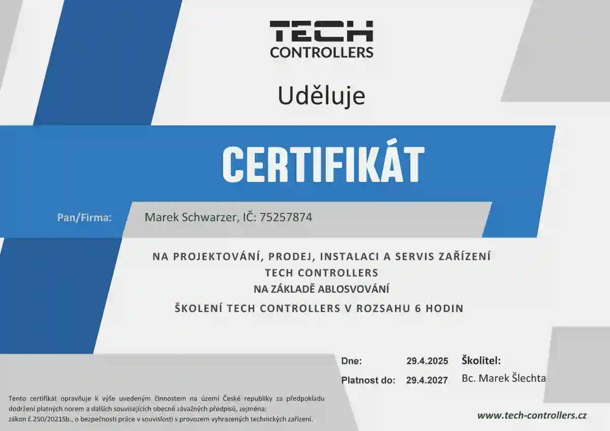 Certifikát na projektování a servis techniky TECH CONTROLLERS.