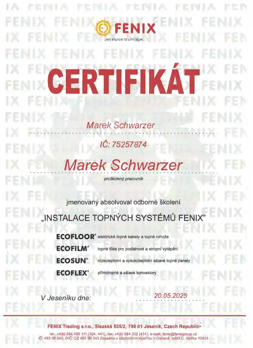 Certifikát pro odbornou instalaci topných systémů FENIX.