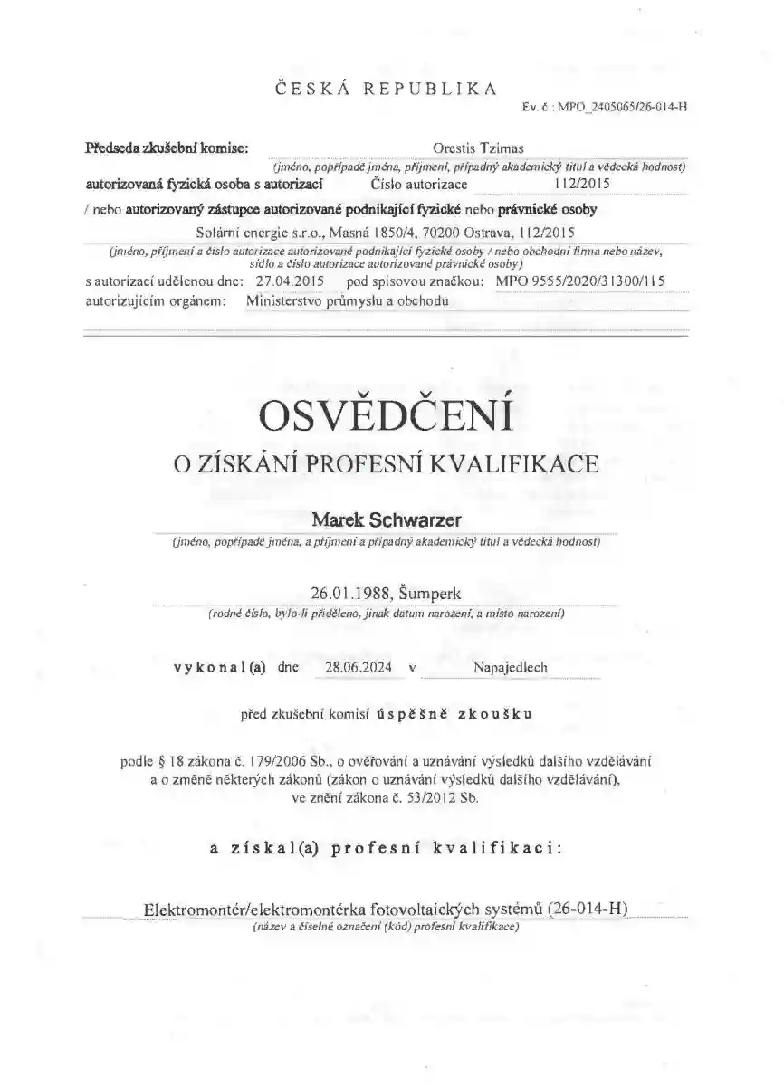 Profesní kvalifikace: Elektromontér fotovoltaických systémů FVE.