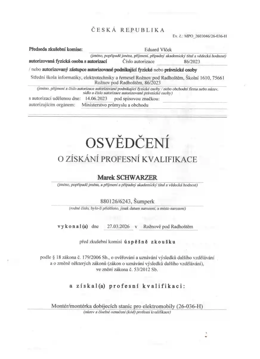 Osvědčení o profesní kvalifikaci: Montér dobíjecích stanic pro elektromobily - strana 1