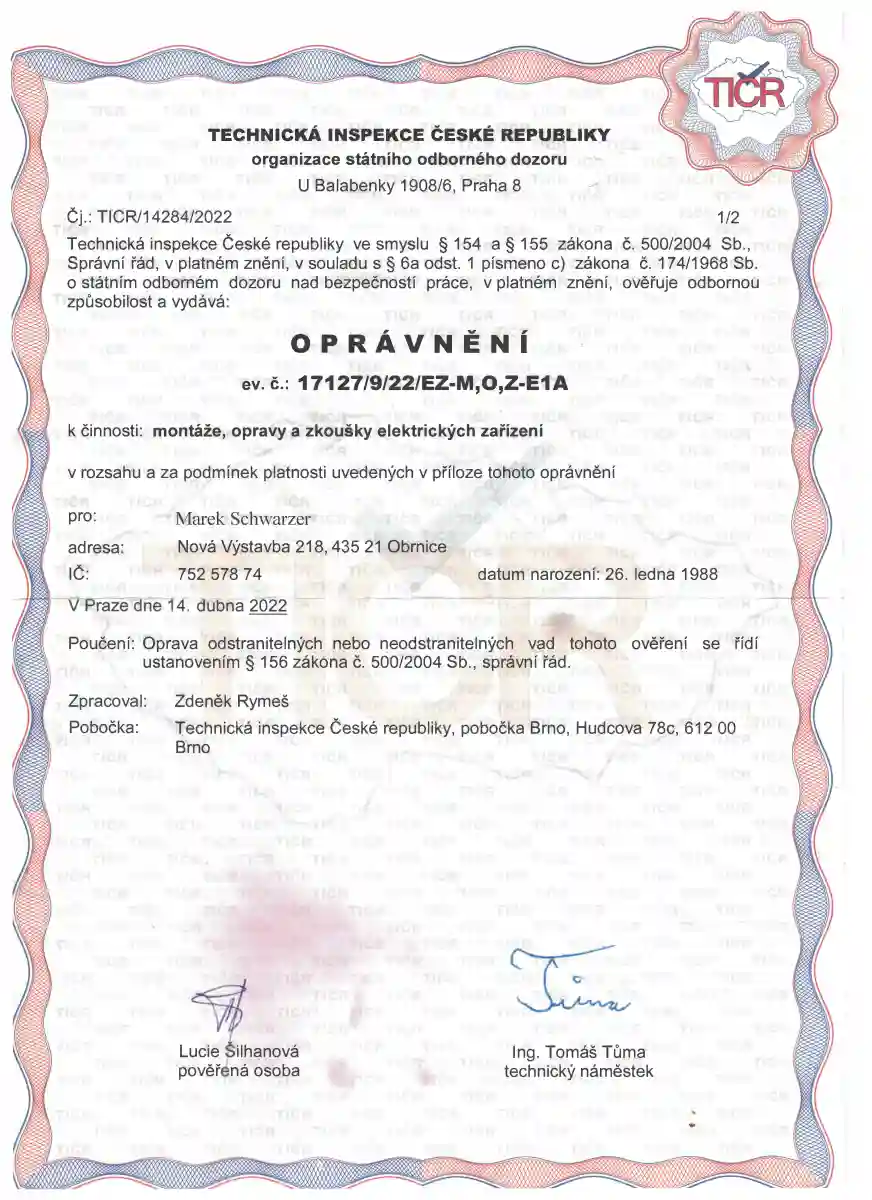 Oprávnění TIČR pro montáže a opravy elektrických zařízení.