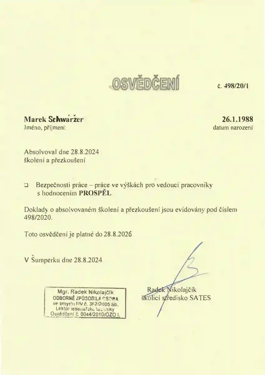 Osvědčení o školení bezpečnosti práce a práce ve výškách.