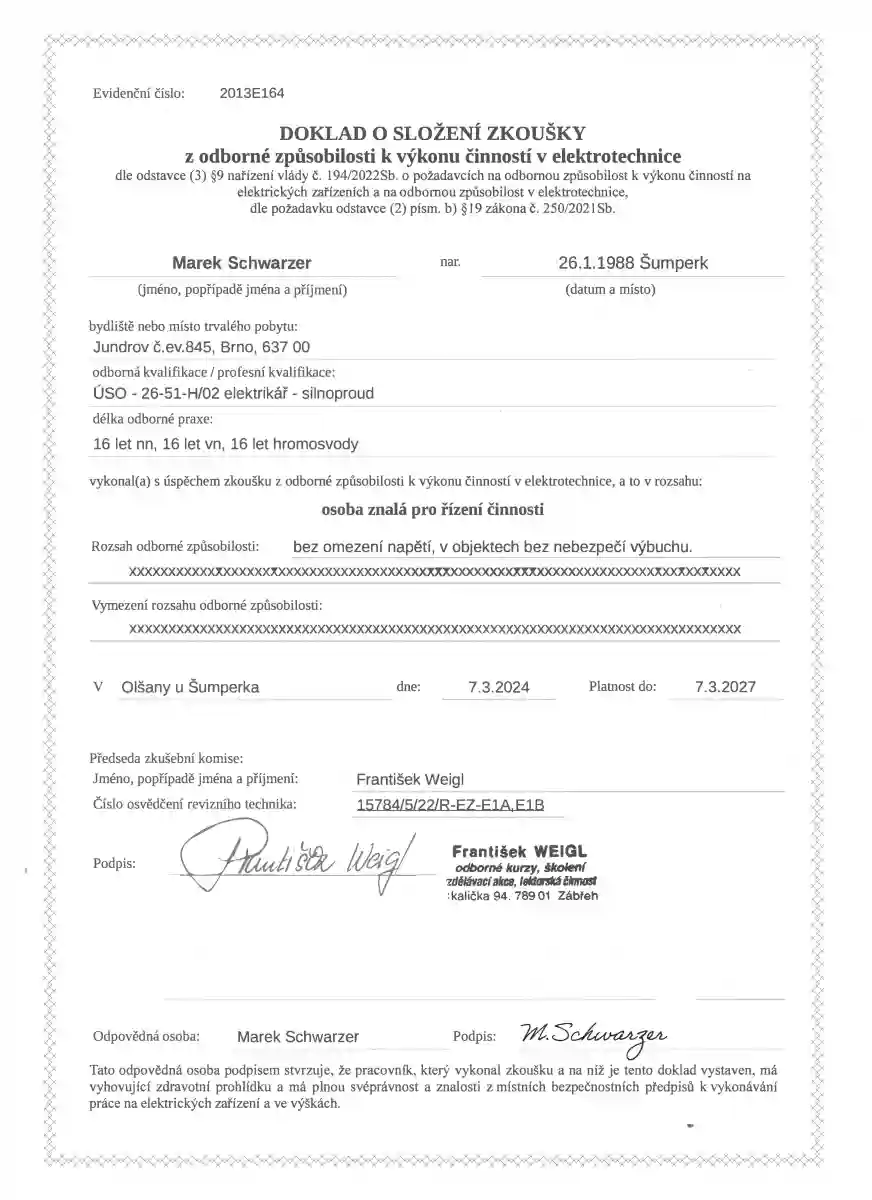 Osvědčení o odborné způsobilosti v elektrotechnice.