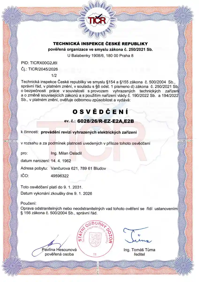 Osvědčení pro provádění revizí elektrických zařízení.
