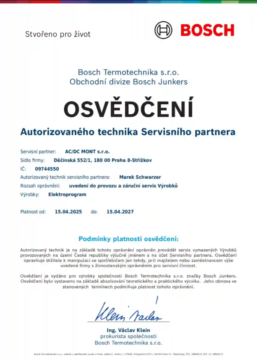 Osvědčení servisního partnera Bosch pro elektroprogram.