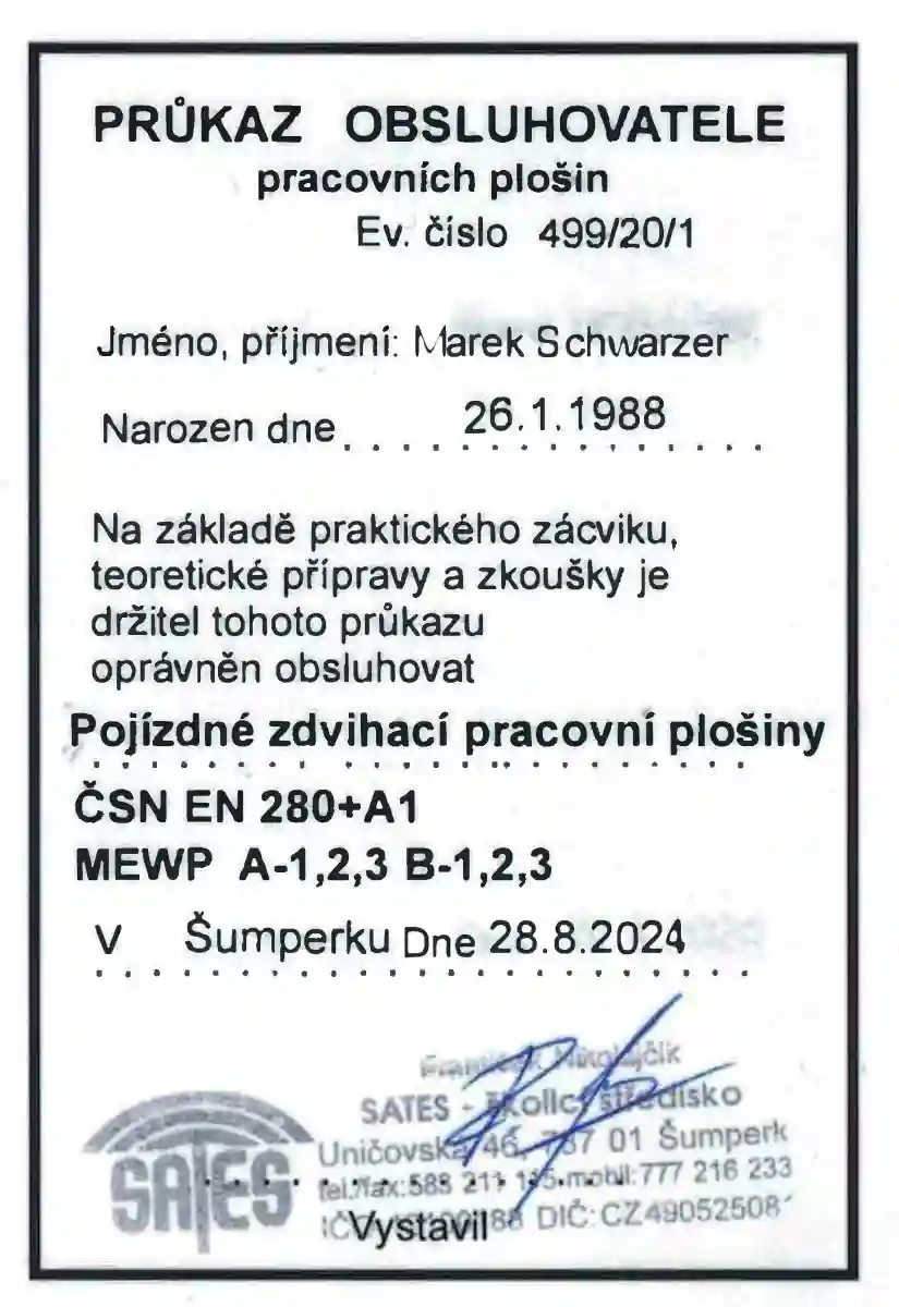 Průkaz obsluhovatele zdvihacích pracovních plošin.