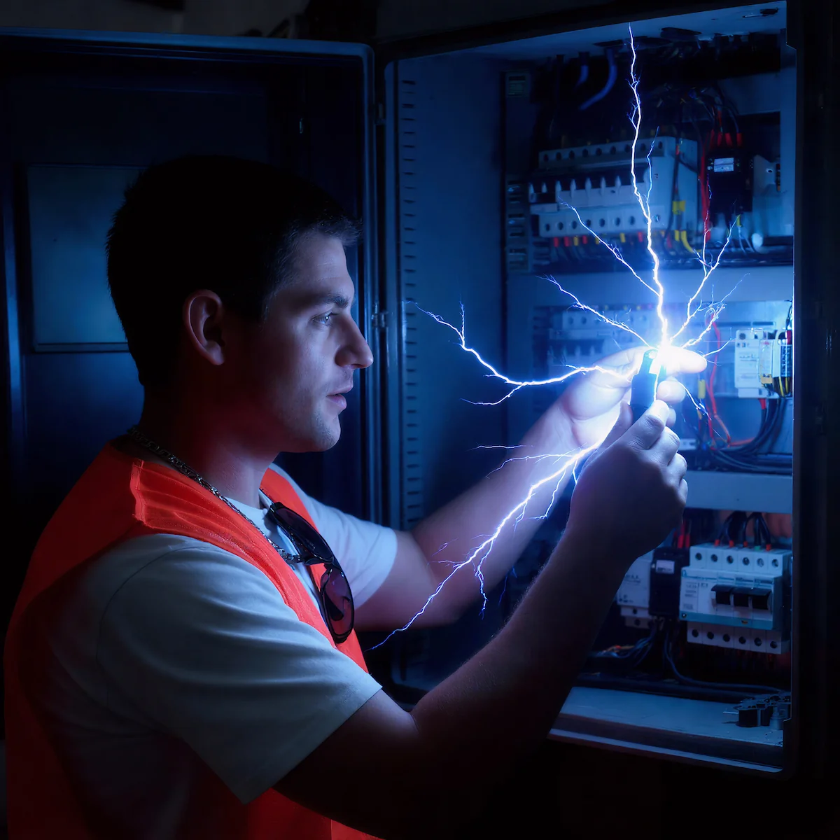 Pán u rozvaděče při práci